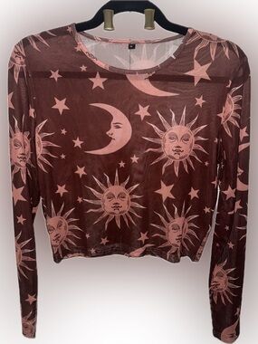 Sheer Mesh Celestial Sun & Moon Long Sleeve Crop Top - Pink/Brown